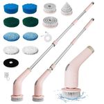 KrenLak Electric Spin Scrubber, Cordless Cleaning Brush with 11 Replacement Heads, Adjustable Extension Handle and Dual Speeds Power Scrubber, Bathroom Cleaner Brush for Tub Floor Tile (Pink)