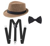 CLOTHERA Black Suspender and Bow Tie Set with Beige Jute Hat for Kids 6yrs to 12yrs