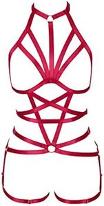 Women's Pentagram Body Harness Lingerie Full Caged Waist Garter Belts Set Strappy Frame Bra Punk Goth Rave Wear, Wine Red, One Size