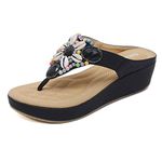 GSNOW Women Comfy Platform Leather Wedge Sandals Post Toe Flip Flop Slipper Shoes , 6 UK, Black