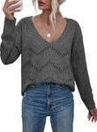 EVALESS Women's Crochet Sweater V Neck Long Sleeve Hollow Out Pullover Tunic Tops Fall Winter Outfits Fashion 2024, Dark Grey Small Size