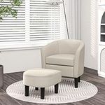 Giantex Barrel Club Chair with Ottoman, Linen Fabric Armchair w/Footrest, Curved Back & Removable Seat Cushion, Upholstered Modern Accent Chair for Living Room, Bedroom, Office, Reading Room (Beige)