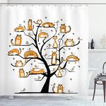 Ambesonne Cat Lover Decor Collection, Cat Family Tree With Birds Crowd Fluffy Nature Purebred Creative Humorous Funny Art, Polyester Fabric Bathroom Shower Curtain Set, 75 Inches Long, Mustard Black