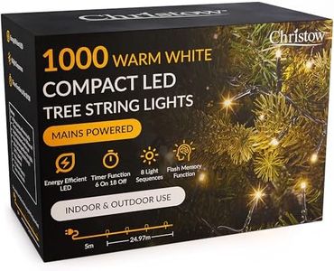 CHRISTOW 7ft Christmas Tree Lights, 1000 Warm White LED Fairy Lights with Timer, 8 Light Modes, Energy Efficient 3mm LEDs, Indoor & Outdoor, Mains Powered, Green Cable (24.97m Lit Length)
