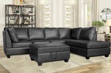 Leather Air Reversible Sectional Sofa Set, L-Shape, Storage Ottoman, Removable Cushions, Fabric Finish (108”W 78”D 36”H) (Black)