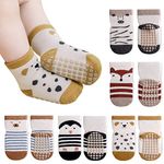 Auranso Baby Socks 5 Pairs Boys Non Slip Grip Socks Kids Girls Cotton Cartoon Animal Pattern Toddler Socks with Grips, Color-E, 2-4 Years