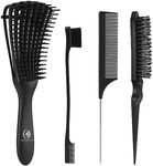 BRUSHZOO Hair Brush with Hair Styling Comb Set, Detangling Hair Brushes for Women Men Kids Curly Hair, HairBrush Set with Detangler Brush Teasing Hair Brush Rat Tail Comb Edge Brush (Black)