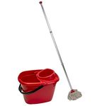 Abbey Professional Mop and Bucket Set Heavy Duty with Wringer and Two Traditional Cotton Mop Heads for Cleaning Floors – Strong Aluminum Mop Handles – Mop Bucket Capacity 12L with Pouring Lip (Red)