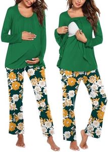 Ekouaer Women's Maternity Nursing Pajamas Set Long Sleeve Pregnancy Pajama Breastfeeding PJS Green/Yellow Floral XX-Large