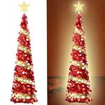 Pop-Up Artificial Christmas Tree, Collapsible Pencil Christmas Trees with 100LED Lights and Topper Star for Holiday Carnival Party Christmas Decorations (Red)