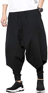 Seidarise Men's Harem Pants Hip hop Joggers Baggy Wide Leg Pants Casual Harem Linen Japanese Yoga, Black, Large