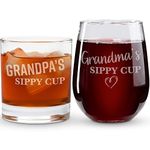 On The Rox Drinks Grandma and Grandpa Gifts - 17oz Grandma's and 11oz Grandpa's Sippy Cups, Set of 2- Gift Wine and Whiskey Glasses - Gift Ideas for First-Time Grandmother or New Grandparents