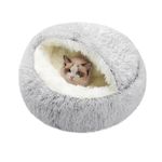 SUOXU Covered Cat Bed Small Dog Bed,Plush Donut Cuddler Nest Warm Soft Calming Dog Cat Nest Puppy Bed with Cozy Sponge Non-Slip Bottom for Under 7kg Small Pets Snooze Sleeping Indoor (Grey)