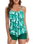 FLYILY Women 2 Piece Tankini Swimsuits Flounce Printed Top with Boyshorts Plus Size Swimwear Bathing Suit(LightGreen,2XL)