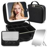 Travel Makeup Bag Cosmetic Organizer Bag with Large Magnetic Removable Lighted Mirror, Makeup Case with Mirror and Lights 3-Color Modes Adjustable Brightness 360° Angle, Makeup Travel Train Case Gift