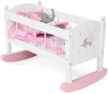 Emily Rose New Toy Wooden Baby Doll Rocking Cradle Bed Crib Furniture with Lovely 4-Piece Elephant Themed Reversible 18" Doll Bedding Set - for Dolls up to 19 inches - White/Pink/Gray