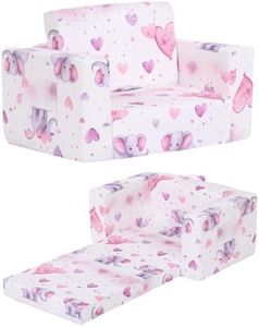 Givjoy Toddler Chair Kids Couch, 2-in-1 Comfy Armchair with Removable and Washable Cover Carrying Handle, Convertible Reading Chair Toddler Couch for Girls and Boys, Purple Elephant