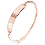 MOWOM Medical Alert Cuff Bangles Bracelet For Women Girls Customized Engraving Stainless Steel Personalized Name ID Identification Allergy Emergency (Rose-Gold Color, 60mm Diameter, 8mm Width)