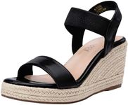 Jeossy Women's Wedge Platform Black Sandals, Espadrille 8801 Comfort Sandals, Synthetic Leather Ankle Strap Sandals with Wedge Heel 3.5 Inch, Open Toe Summer Sandals, Size 9(DJY8801 blackpu 09)