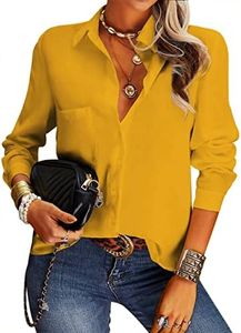 NONSAR Elegante Blusa Informal para Mujer con Cuello en V, Manga Larga y Botones, Estilo Casual y de Vestir, Corte Suelto, Color Liso