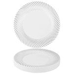 MATANA 40 Premium White Plastic Dinner Plates with Silver Rim, 25cm / 9.8 Inch - Elegant & Reusable Party Plates for Weddings, Birthdays, Picnic, BBQ, Parties