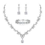 EVER FAITH Bridal Jewelry Sets for Wedding, White Gold Plated Teardrop Cubic Zirconia Flower Necklace Dangle Earrings Bracelet Set for Women Brides Bridesmaids