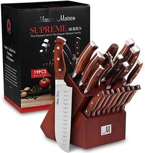 19-Piece Premium Kitchen Knife Set With Wooden Block | Master Maison German Stainless Steel Cutlery With Knife Sharpener & 8 Steak Knives Super 19 Piece Premium German Stainless Steel Knife Set Walnut