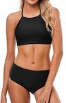 CharmLeaks Women Two Piece Bikini Set High Waisted Bikini Swimming Costume Solid Black M