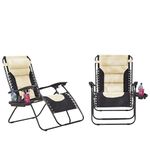 Neo Pair of Outdoor Zero Gravity XL Padded Large Sun Lounger Sunbed Folding Reclining Chair Camping Garden Beach Patio (Cream)