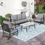 SUNSHINE VALLEY 4 Piece Metal Outdoor Patio Furniture Set, Patio Conversation Set 1 3-seater Sofa, 2 Rocking Chair with 5.75" Extra Thick Cushion and Coffee Table, Black Frame Backyard Furniture, Gray