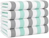 Arkwright Cabo Cabana Stripe Beach Towel - Pack of 4 - Large Soft Quick Dry Cotton Terry Towels for Pool, Swim, and Hot Tub, Oversized 30 x 70 in, Grey/Mint