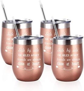 Friends Wine Tumbler Set of 4, Side By Side or Miles Apart Friends Are Always Close at Heart Wine Tumbler for Long Distance Friendship, 12 Oz Stainless Steel Insulated Wine Tumbler with Lid and Straw