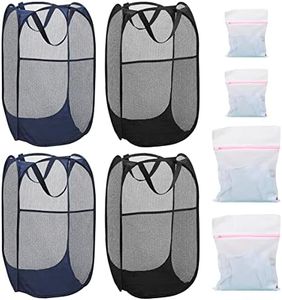 4Pcs Mesh Pop Up Laundry Hamper, FHDUSRYO Foldable Pop Up Hamper, Collapsible Laundry Basket with Carry Handles, Portable Dirty Clothes Basket with 4 Wash Bags, Mesh Hamper for Dorm Bedroom Travel