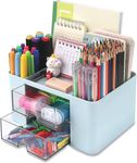 KAHEIGN Desk Organiser with 2 Drawers, 19CM x 14CM Multi-Functional Desk Tidy Organiser Large Capacity Pen Holder Makeup Organizer for Kids Teacher Gift Office School Home Table Decor (Blue)