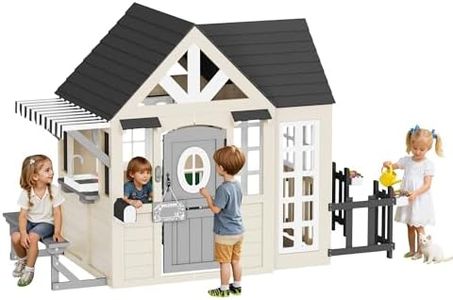 Albott Kids Outdoor Wooden Playhouse with Kitchen Set, Mailbox & Doorbell, Durable Wood Construction with Waterproof Roof & Rust-Resistant Hinges, Pretend Playhouse for 3–8 Years Old Boys & Girls