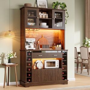 iPormis Bar Cabinet, 71'' Tall Coffee Bar Cabinet with Charging Station and LED Lights, Wine Cabinet with Storage, Wine Rack and Glass Holder, Liquor Cabinet for Home, Dark Walnut