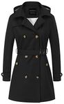 CREATMO US Women's Trench Coat Double-Breasted Classic Lapel Overcoat Belted Slim Outerwear Coat with Detachable Hood, Black, S