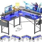 Cyclysio L Shaped Gaming Desk with LED Lights & Power Outlets, 47 Inch Corner Desk with Monitor Stand, Computer Desk with Storage Bag, Gray