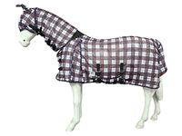 Horse Master Patterned Combo Turnout Fly Rug - Horse Blanket with Full Fixed Neck and Matching Fly Mask - Heavyweight Riding Outdoor Protection Sheet for Pony and Cobs (5'9, Navy/White/Red Check)