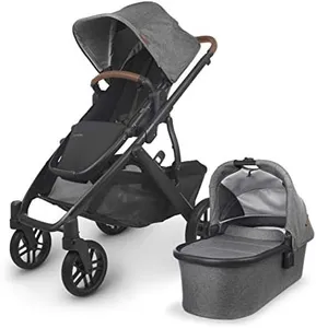 UPPAbaby Vista V2 Stroller / Convertible Single-To-Double System / Bassinet, Toddler Seat, Bug Shield, Rain Shield, and Storage Bag Included / Greyson (Charcoal Mélange/Carbon Frame/Saddle Leather)