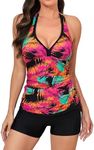 FLOMERIA Tankini Swimsuits for Women Halter Tummy Control Two Piece Bathing Suit with Boy Shorts Floral Pink M