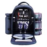 APOLLO WALKER Picnic Backpack Bag for 2 Person with Cooler Compartment Detachable Bottle/Wine Holder Fleece Blanket Plates and Cutlery (Blue)