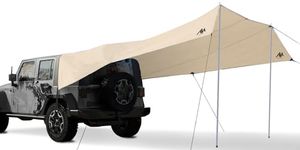 AYAMAYA Car Awning Camping Tarp Tailgate - 14 x 16 FT Extra Large Car Tent Tarp with 2 Poles Included, Multifunctional Waterproof Rain Fly Sun Shelter Canopy for SUV Truck Jeep Outdoor Activities