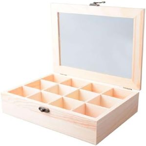 Acan Tradineur - Caja de Madera con 12 Compartimentos y Tapa con Cristal, joyero, Expositor de Joyas, Organizador, Collares, Anillos, Pendientes, 21,5 x 16 x 4,6 cm