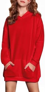 Arshiner Teen Girls Casual Long Hoodie Long Sleeve Pullover Sweatshirts for Kids with Kangaroo Pocket Red Size 11-12Y