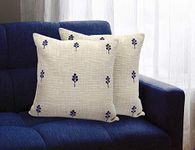 TRENDING HOME COLLECTION Cotton Textured Fabric with Manual Embroidered Stitched Zippered Cushion Cover (Ivory/Blue) | 16 x 16 Inches | Set of 2|