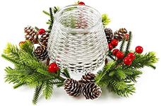 OYATON Christmas Candle Holder with Wreath Candle Rings, Glass Candle Holders with Artificial Snowy Pine Cones and Berries for Home Dining Table Centerpiece Decoration