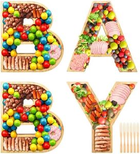 Yingoto 4pcs Wood Baby Charcuterie Board Letters with 50pcs Wood Forks, Wood Charcuterie Boards for Fruit Salad Cheese Platter Vegetable Food Dish Plates Baby Shower Decorations