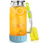 Water Pitcher, 2L Water Jug with Silicone Base and Precise Scale Line, Heat Resistant Glass Pitcher with Lid, Carafe for Iced Tea Milk Coffee Juice Cold/Hot Beverages, Anti-Slip and Easy Clean (Blue)