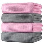 Polyte Microfiber Oversize Quick Dry Lint Free Bath Towel, 60 x 30 in, 4 Pack (Gray,Pink, Waffle Weave)